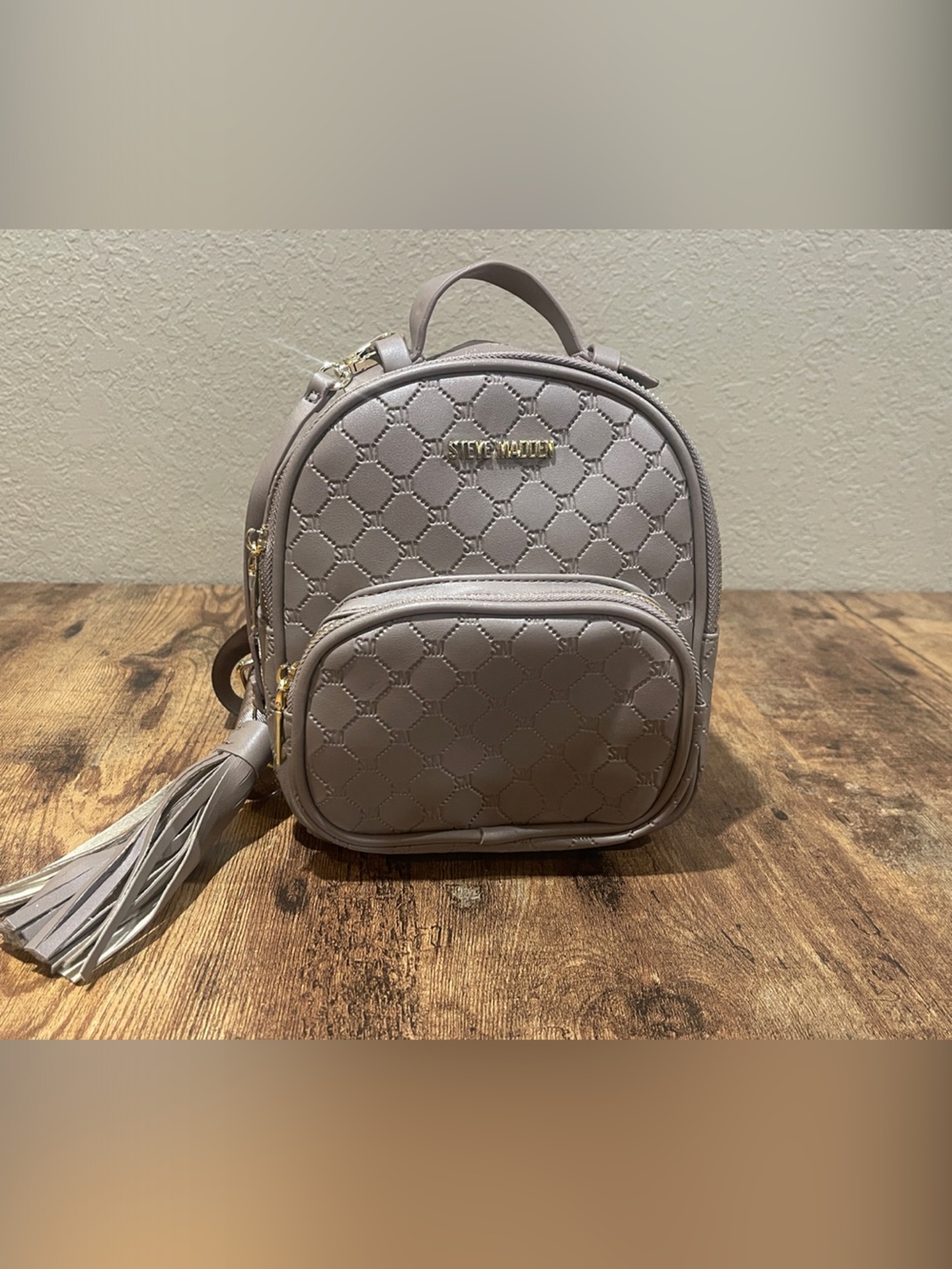 Steve Madden Leather Mini Backpack in Taupe with Tassel Charm